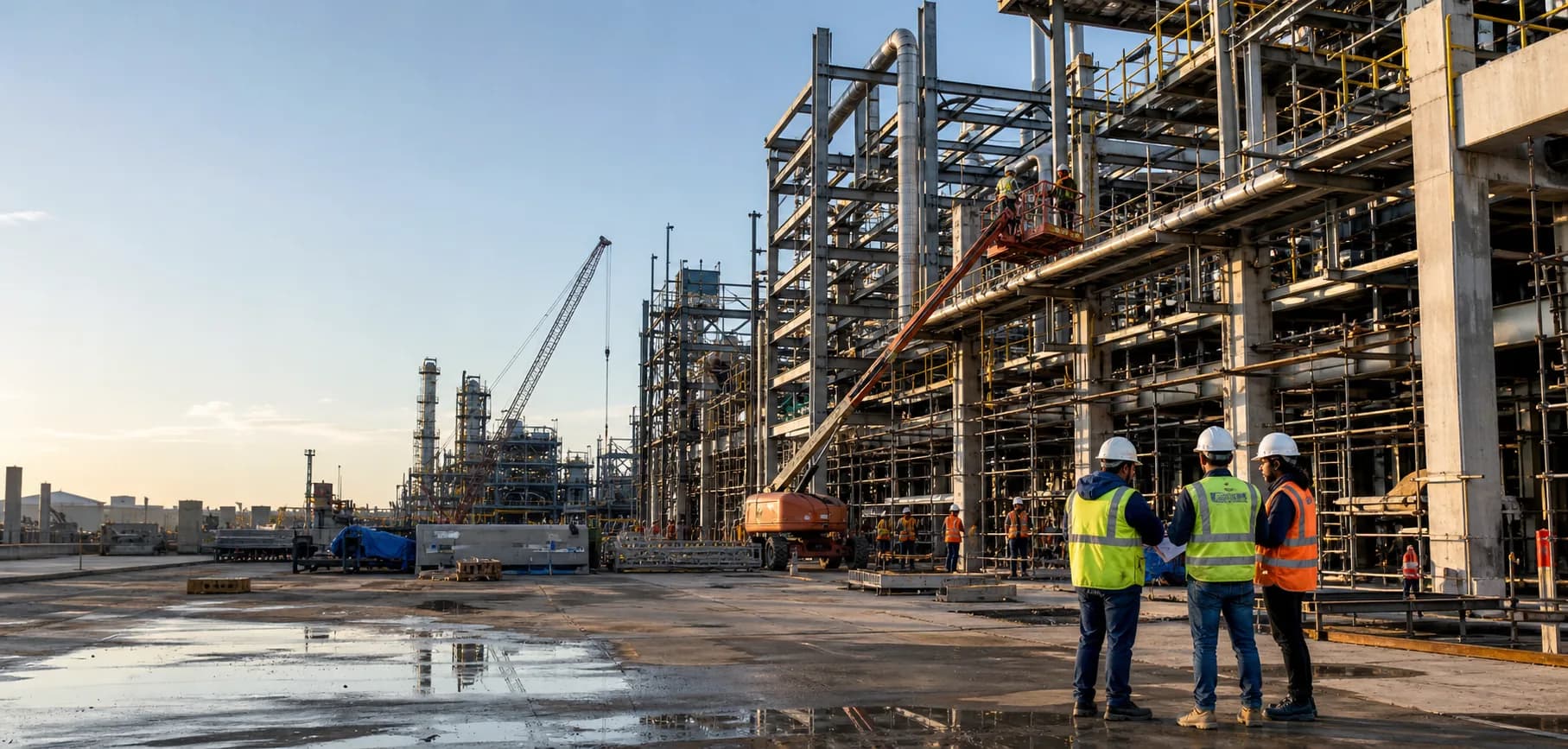 Multidisciplinary industrial construction site with steel structures, piping works and field supervisors coordinating EPC delivery.