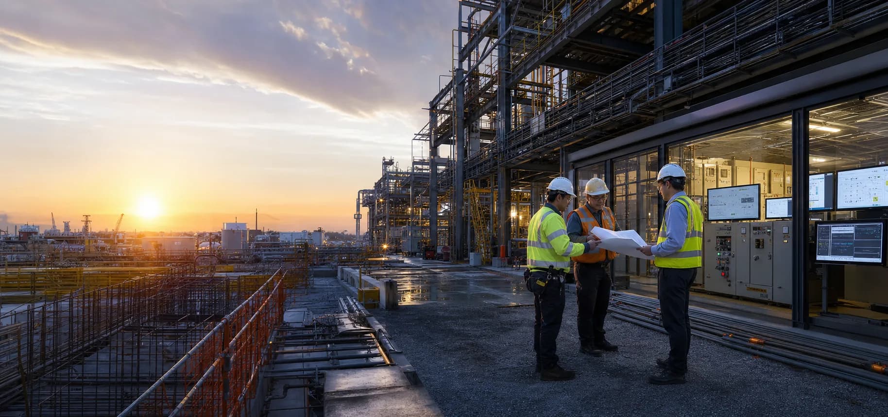 Engineers reviewing plans at a large industrial construction and control facility during sunrise.