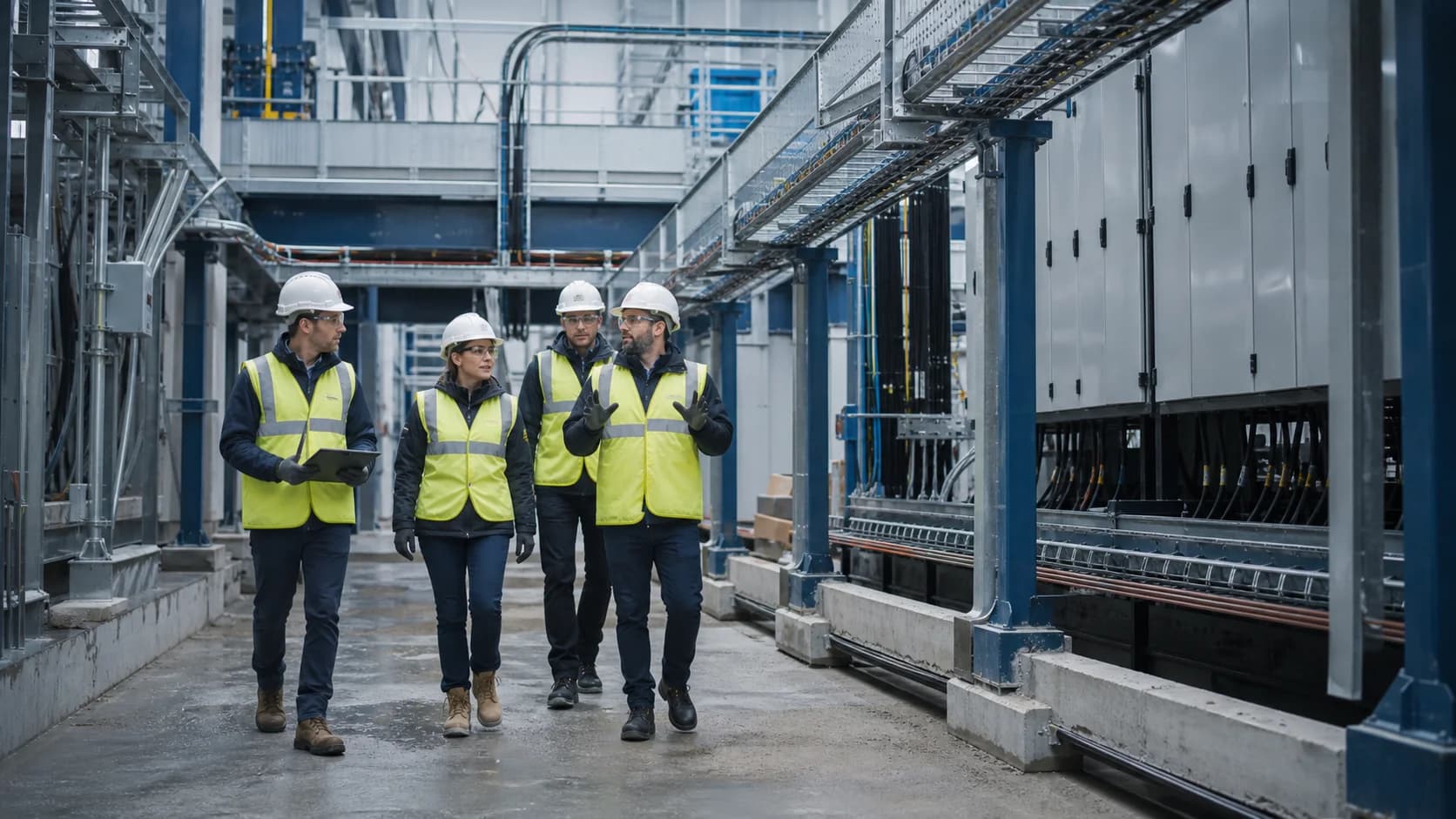 Multidisciplinary engineering team walking through a partially completed industrial installation on site.