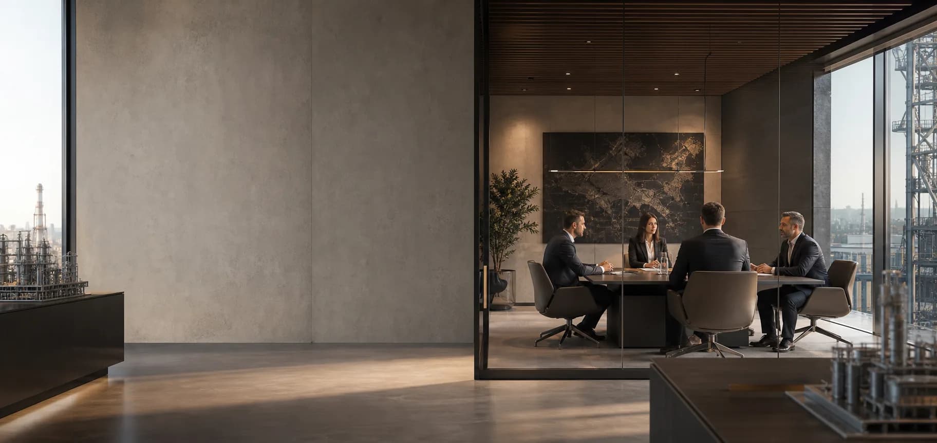 Corporate engineering meeting room with industrial context prepared for partnership and client discussions.