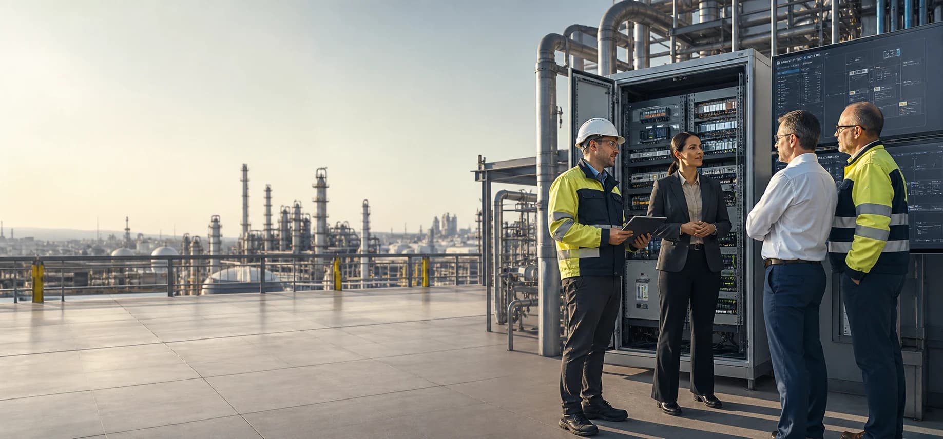 Client and engineering teams reviewing completed operational systems and live dashboards at an industrial facility.